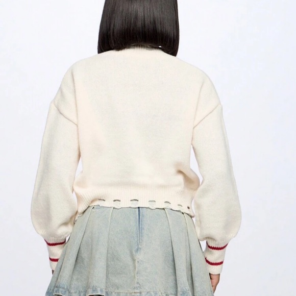 Women's Cream Cardigan with Red Accents - Picture 3 of 5